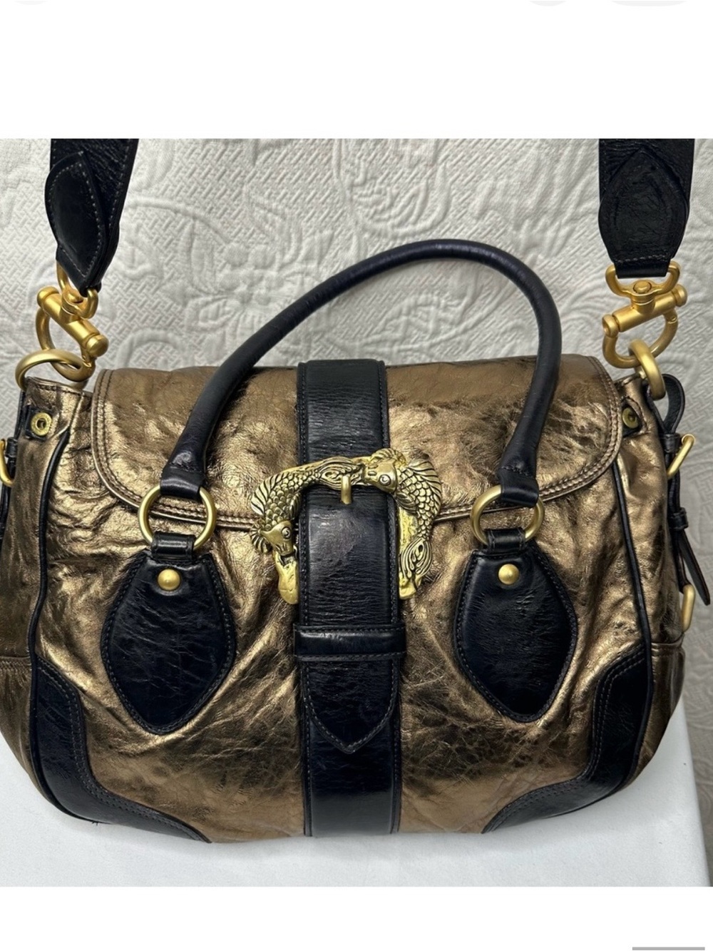 Gianfranco Sisti Italian Bronze Gold Leather Satchel Shoulder Bag Fish Buckle